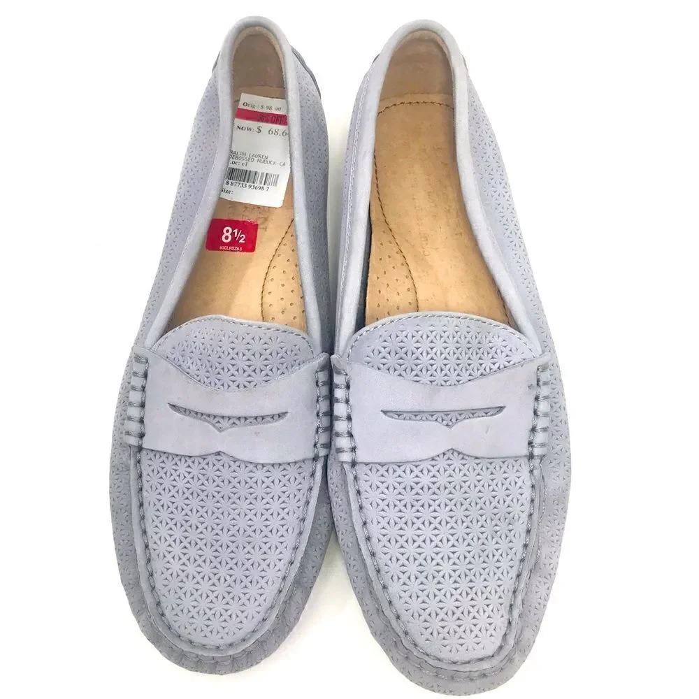 Lauren Ralph Lauren CAMILA Suede Leather Purple Gray Slip On Driving Loafers NEW
